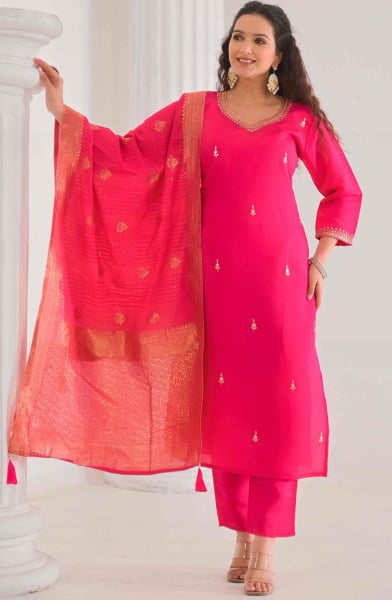 Rani Pink Viscose Chanderi Readymade Pant Kameez