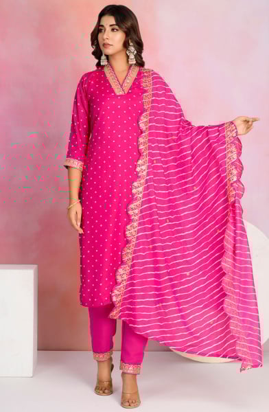 Rani Pink Viscose Chanderi Readymade Pant Kameez