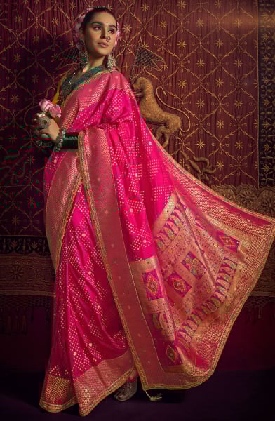 Rani Pink Viscose Dola Saree with Embroidered Blouse