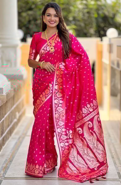 Rani Pink Woven Banarasi Silk Saree