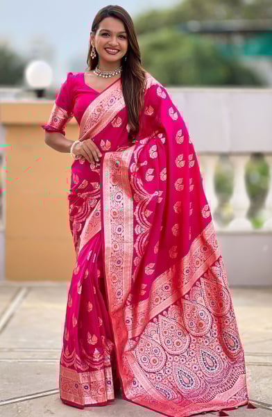 Rani Pink Woven Banarasi Silk Saree