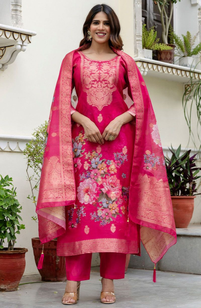 Rani Pink Woven Chanderi Cotton Readymade Suit
