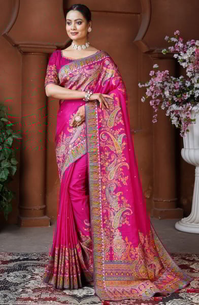 Rani Pink Woven Dola Silk Designer Saree
