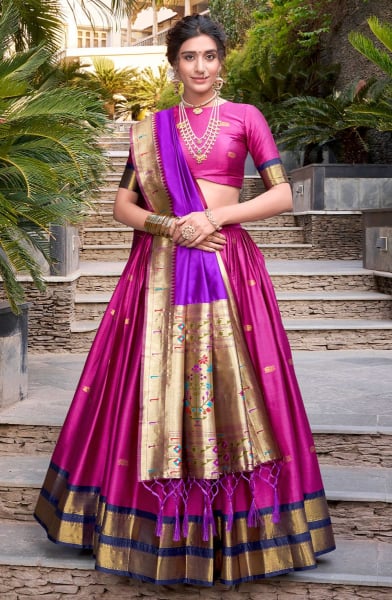 Rani Pink Woven Jacquard Silk Lehenga Choli