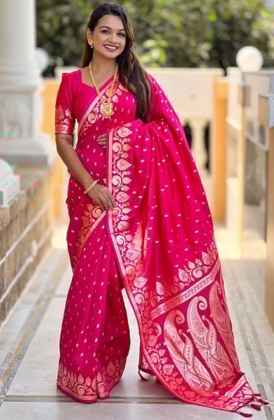 Rani Pink Zari Woven Banarasi Silk Saree
