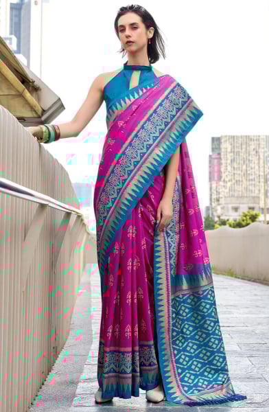Rani Pink Zari Woven Soft Silk Saree