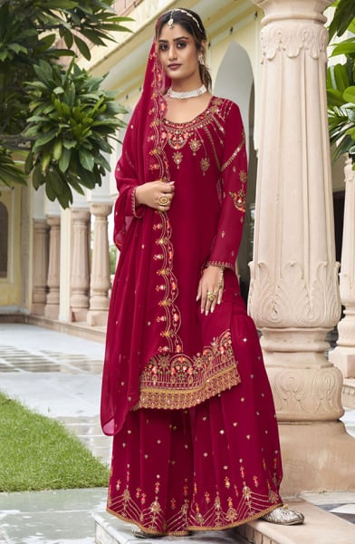 Raspberry Embroidered Georgette Sarara Kameez