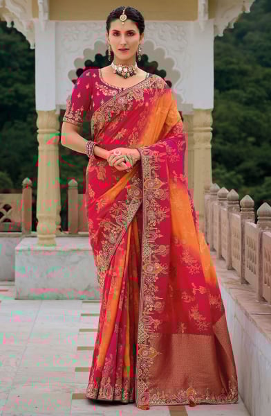 Raspberry Pink and Orange Khatli Work Designer Silk Saree