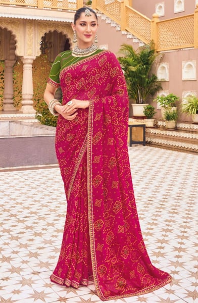 Raspberry Pink Bandhani Print Georgette Chiffon Saree