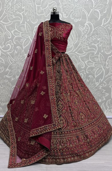 Raspberry Pink Bridal Velvet Lehenga Choli with Double Dupatta