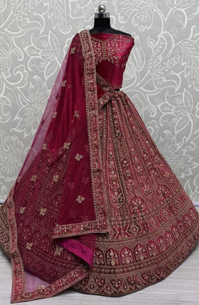 Raspberry Pink Bridal Velvet Lehenga Choli with Double Dupatta