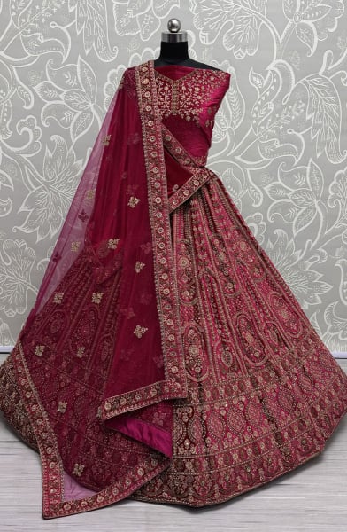 Raspberry Pink Bridal Velvet Lehenga Choli with Double Dupatta