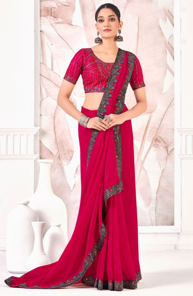 Raspberry Pink Chiffon Saree with Embroidered Blouse