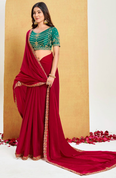 Raspberry Pink Chiffon Saree with Embroidered Blouse