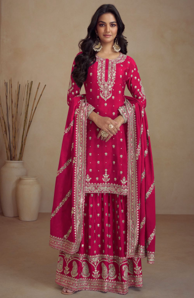 Raspberry Pink Embroidered Chinnon Designer Palazzo Kameez