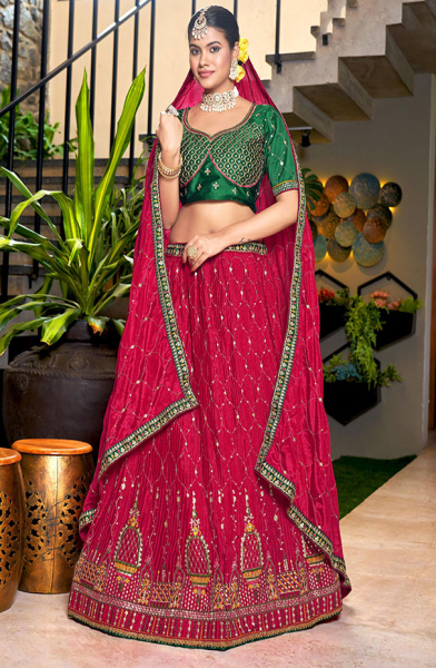 Raspberry Pink Embroidered Chinnon Lehenga Choli