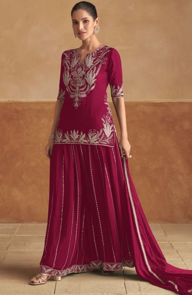 Raspberry Pink Embroidered Chinnon Lehenga Kameez