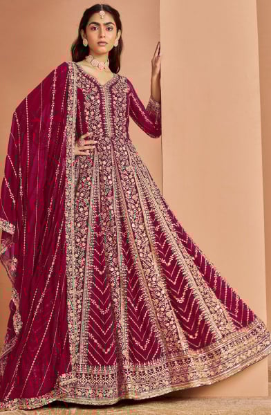 Raspberry Pink Embroidered Faux Georgette Anarkali Suit
