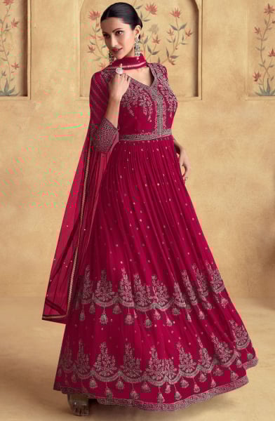 Raspberry Pink Embroidered Georgette Anarkali Gown with Dupatta