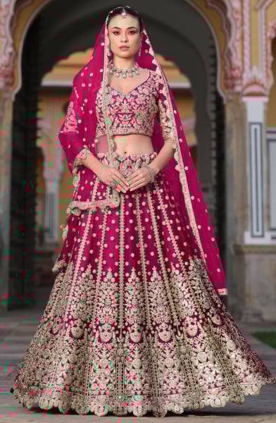 Raspberry Pink Embroidered Net Bridal Lehenga Choli