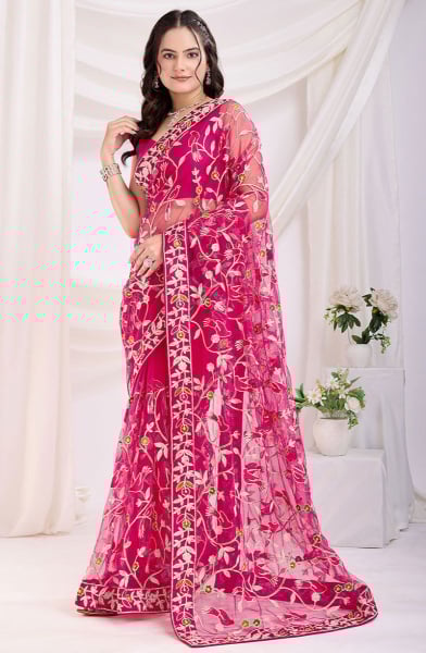 Raspberry Pink Embroidered Net Saree for Party
