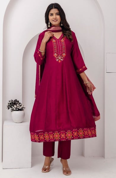 Raspberry Pink Embroidered Silk A-Line Suit