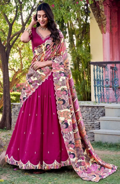 Raspberry Pink Embroidered Silk Lehenga Choli with Kalamkari Dupatta