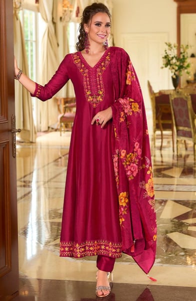 Raspberry Pink Embroidered Silk Readymade Suit