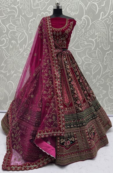 Raspberry Pink Embroidered Velvet Bridal Lehenga Choli