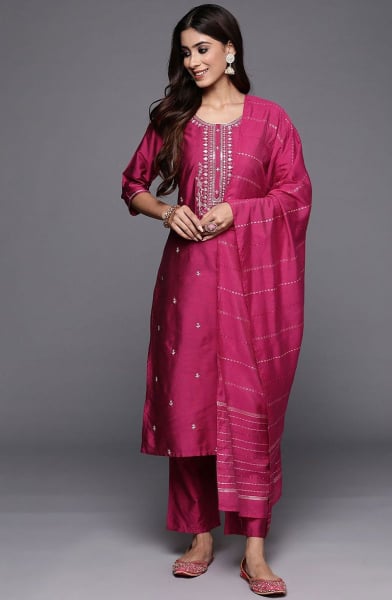Raspberry Pink Embroidered Viscose Blend Readymade Pant Kameez