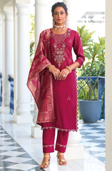 Raspberry Pink Embroidered Viscose Silk Readymade Suit