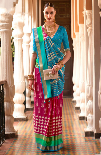 Raspberry Pink Foil Print Silk Saree