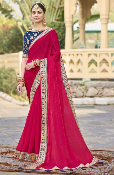 Raspberry Pink Georgette Saree with Embroidered Blouse