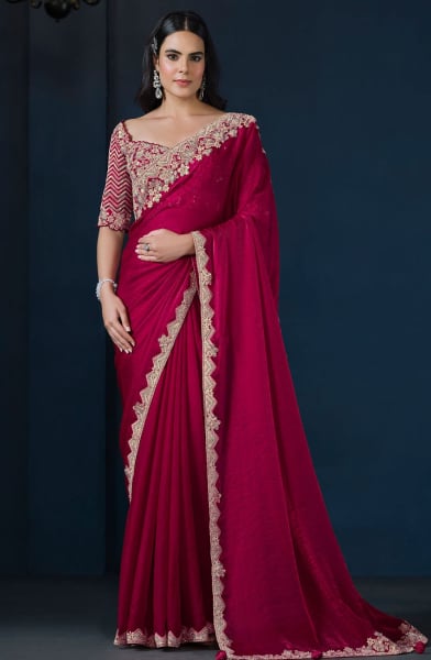 Raspberry Pink Heavy Embroidered Designer Saree