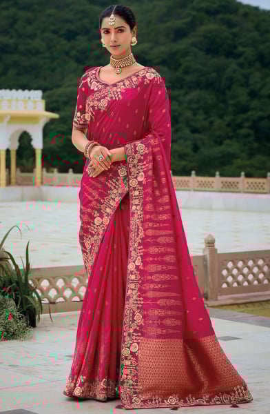 Raspberry Pink Khatli Work Designer Silk Saree