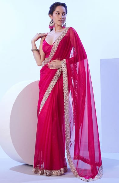 Raspberry Pink Net Saree for Ceremonial