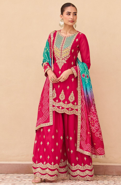 Raspberry Pink Premium Chinon Silk Palazzo Kameez Suit