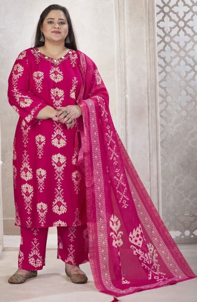 Raspberry Pink Printed Rayon Readymade Plus Size Suit
