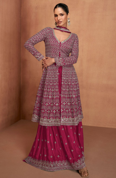 Raspberry Pink Real Chinon Palazzo Kameez Suit
