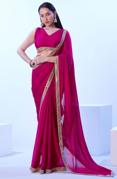 Raspberry Pink Satin Chiffon Saree for Ceremonial