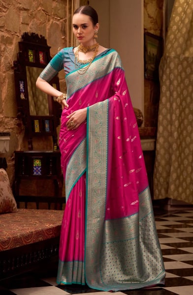 Raspberry Pink Soft Silk Saree with Zari Weaving