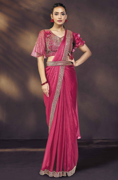 Raspberry Pink Two Tone Satin Silk Designer Ready to Wear Saree