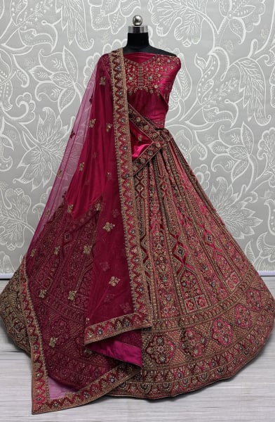 Raspberry Pink Velvet Bridal Lehenga Choli with Double Dupatta