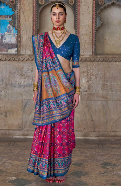 Raspberry Pink Viscose Silk Saree with Patola Print