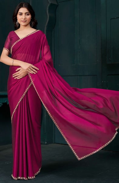 Raspberry Pink Zarkan Embellished Crepe Silk Saree