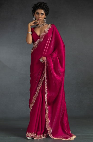 Raspberry Pink Zarkan Embellished Satin Silk Saree