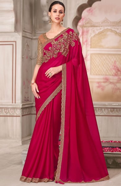 Raspberry Satin Silk Saree with Embroidered Blouse