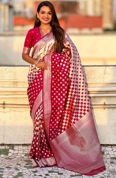 Raspberry Zari Woven Banarasi Silk Saree