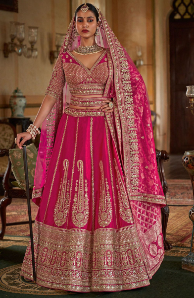 Sabyasachi Inspired Rani Pink Embroidered Silk Bridal Lehenga Choli