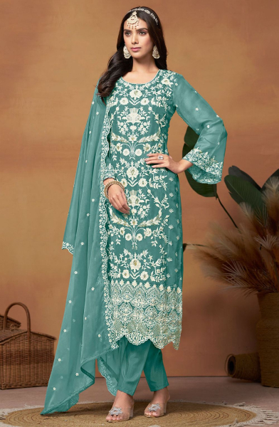 Teal Green Embroidered Organza Plus Size Suit